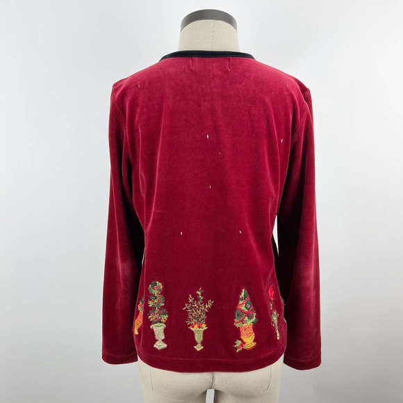 Susan Bristol Red Velour Ugly Christmas Sweater Cardigan Holiday Plants Trees - Picture 4 of 16
